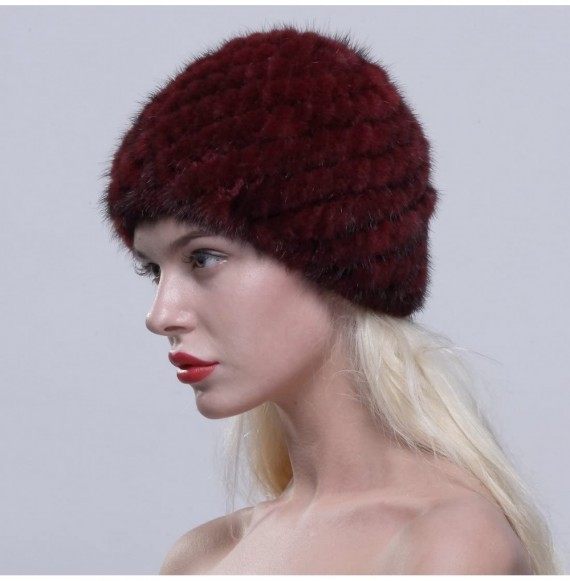 Skullies & Beanies Women's Fur Hat Real Mink Fur Knit Beanie Cap Multicolor - Burgundy - C512NG9IHTL