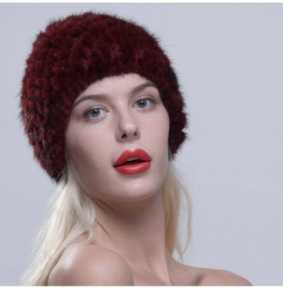 Skullies & Beanies Women's Fur Hat Real Mink Fur Knit Beanie Cap Multicolor - Burgundy - C512NG9IHTL