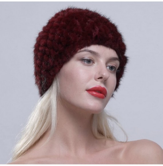 Skullies & Beanies Women's Fur Hat Real Mink Fur Knit Beanie Cap Multicolor - Burgundy - C512NG9IHTL