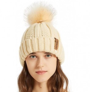 Skullies & Beanies Women Thick Cable Knit Faux Fuzzy Fur Pom Winter Skull Cap Cuff Beanie - Beige - CT18A527ZNX