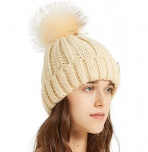 Skullies & Beanies Women Thick Cable Knit Faux Fuzzy Fur Pom Winter Skull Cap Cuff Beanie - Beige - CT18A527ZNX