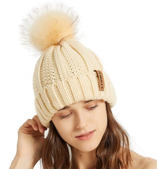 Skullies & Beanies Women Thick Cable Knit Faux Fuzzy Fur Pom Winter Skull Cap Cuff Beanie - Beige - CT18A527ZNX