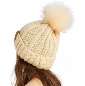 Skullies & Beanies Women Thick Cable Knit Faux Fuzzy Fur Pom Winter Skull Cap Cuff Beanie - Beige - CT18A527ZNX