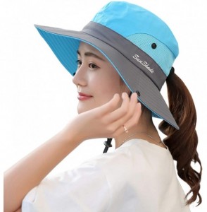 Sun Hats Women's Summer Mesh Wide Brim Sun UV Protection Hat with Ponytail Hole - Sky Blue - CB18NMEEYOM