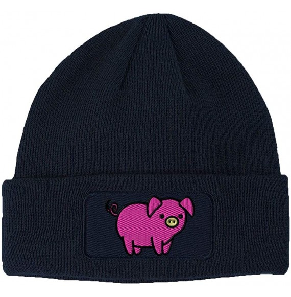 Skullies & Beanies Custom Patch Beanie Pink Piggy Embroidery Acrylic Skull Cap Hats for Men & Women - Navy - CX18A6IO4GI