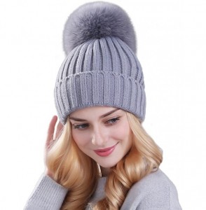 Skullies & Beanies Winter Women's Genuine Fox Fur Pom Pom Trend Wool Knitted Beanie Hat - Grey - CP186IAIHQM