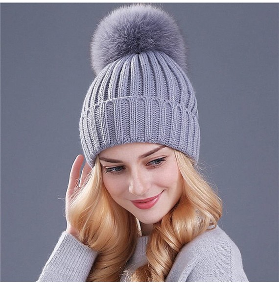 Skullies & Beanies Winter Women's Genuine Fox Fur Pom Pom Trend Wool Knitted Beanie Hat - Grey - CP186IAIHQM