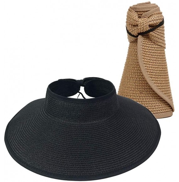 Sun Hats Women Sun Visor Hats Summer Roll Up Packable Wide Brim Straw Hat - 2 Pack-(black/Khaki) - C2196ZCIADG