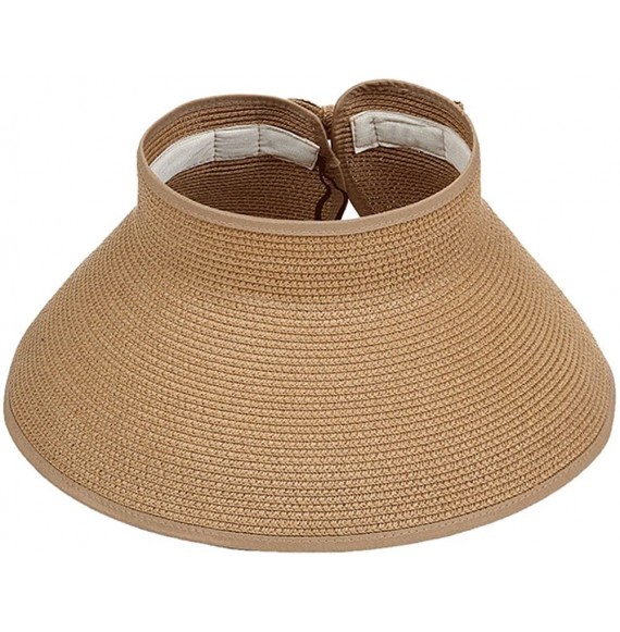 Sun Hats Women Sun Visor Hats Summer Roll Up Packable Wide Brim Straw Hat - 2 Pack-(black/Khaki) - C2196ZCIADG