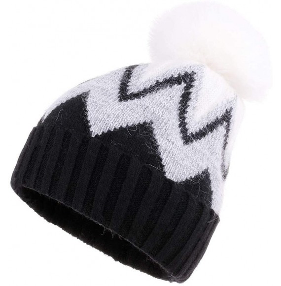 Skullies & Beanies Women Knit Wool Beanie - Slouchy Beanie Winter Hat with Faux Fur Pompom Soft Warm Ski Cap - Black - CJ18Y0...