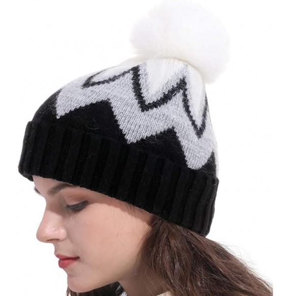 Skullies & Beanies Women Knit Wool Beanie - Slouchy Beanie Winter Hat with Faux Fur Pompom Soft Warm Ski Cap - Black - CJ18Y0...