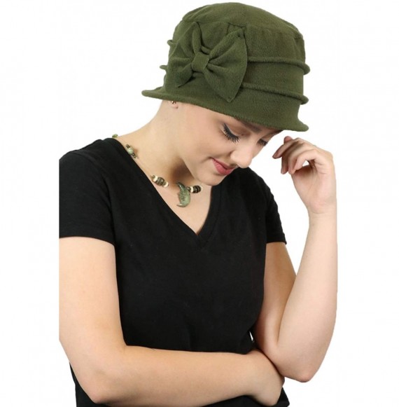 Skullies & Beanies Women's Hat Fleece Cloche Cancer Headwear Chemo Ladies Winter Head Coverings Bow - Olive Green - CY18HDTH374