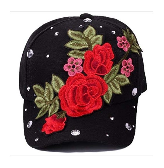 Baseball Caps Women Rhinestone Rose Baseball Cap Adjustable Bling Caps Studded Outdoor Sun Hat (Big Rose- Adjustable) - CB18Z...