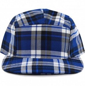 Baseball Caps Made in USA Cotton Twill 5 Panel Flat Brim Genuine Leather Brass Biker Board Cap - Plaid2 - CQ18CYZRXXC