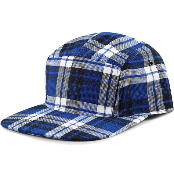 Baseball Caps Made in USA Cotton Twill 5 Panel Flat Brim Genuine Leather Brass Biker Board Cap - Plaid2 - CQ18CYZRXXC