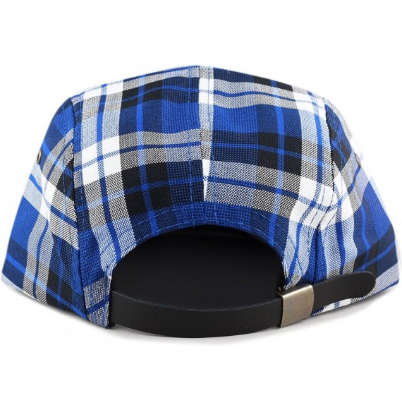 Baseball Caps Made in USA Cotton Twill 5 Panel Flat Brim Genuine Leather Brass Biker Board Cap - Plaid2 - CQ18CYZRXXC