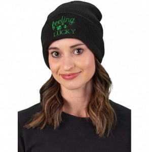 Skullies & Beanies Embroidered Beanie Dog Mom Gym Sports Holiday Knitted Hat Skull Cap - Feelin' Lucky - Black - CZ18ON945NA