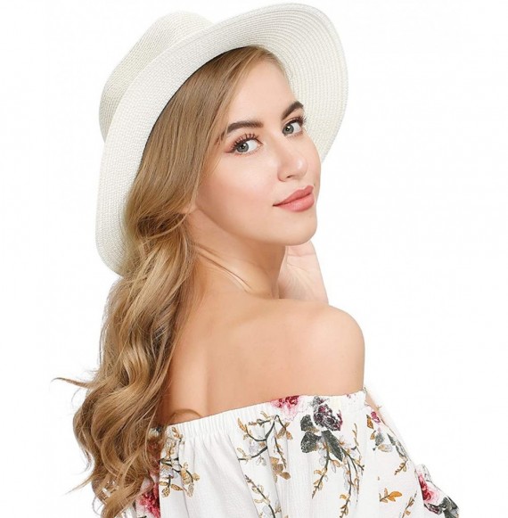 Sun Hats Womens Sun Hat for Women Panama Summer Baech Straw Wide Brim Foldable Hats Cream-White - C5196AU5OQU