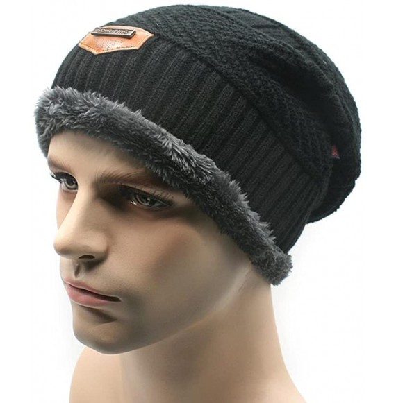 Skullies & Beanies Mens Slouchy Beanie Hat Trendy Warm Chunky Soft Stretch Cable Knit Winter Christmas Sport Fleece Cap - Bla...