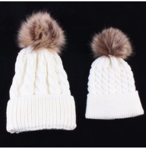 Skullies & Beanies Mom/Baby Winter Hand Knit Faux Fur Pompoms Beanie Hat - White - CA12MA66YGR