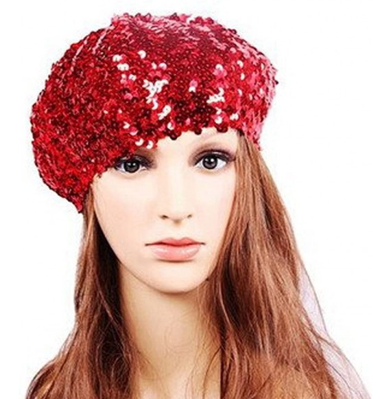 Berets Women Bling Sequins Beret Hat Sparkly Shining Beanie Cap for Dancing Party - Rose Pink - CI17YQLCNWQ