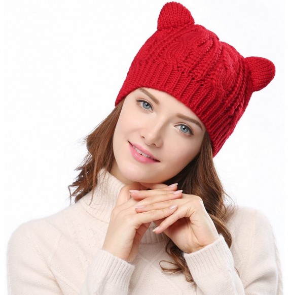 Skullies & Beanies Women's Hat Cat Ear Crochet Braided Knit Caps - Red - CO12LTSRX99