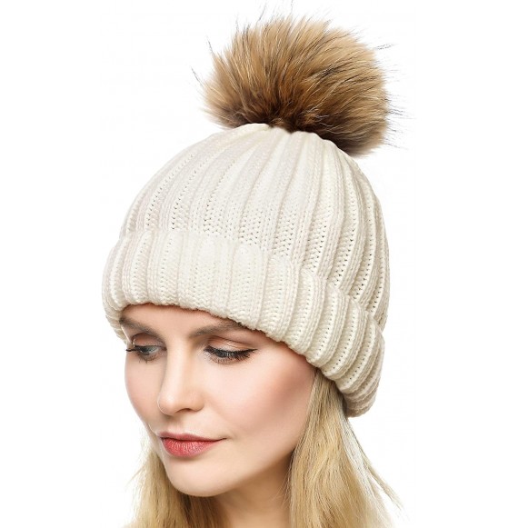 Skullies & Beanies Womens Girls Winter Fur Hat Large Faux Fur Pom Pom Slouchy Beanie Hats - Beige - CO1938W7NWL