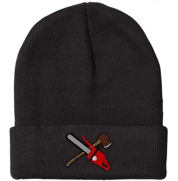 Skullies & Beanies Custom Beanie for Men & Women Lumberjack Chain Saw & Axe Embroidery Acrylic - Black - CA18C2HHY8H