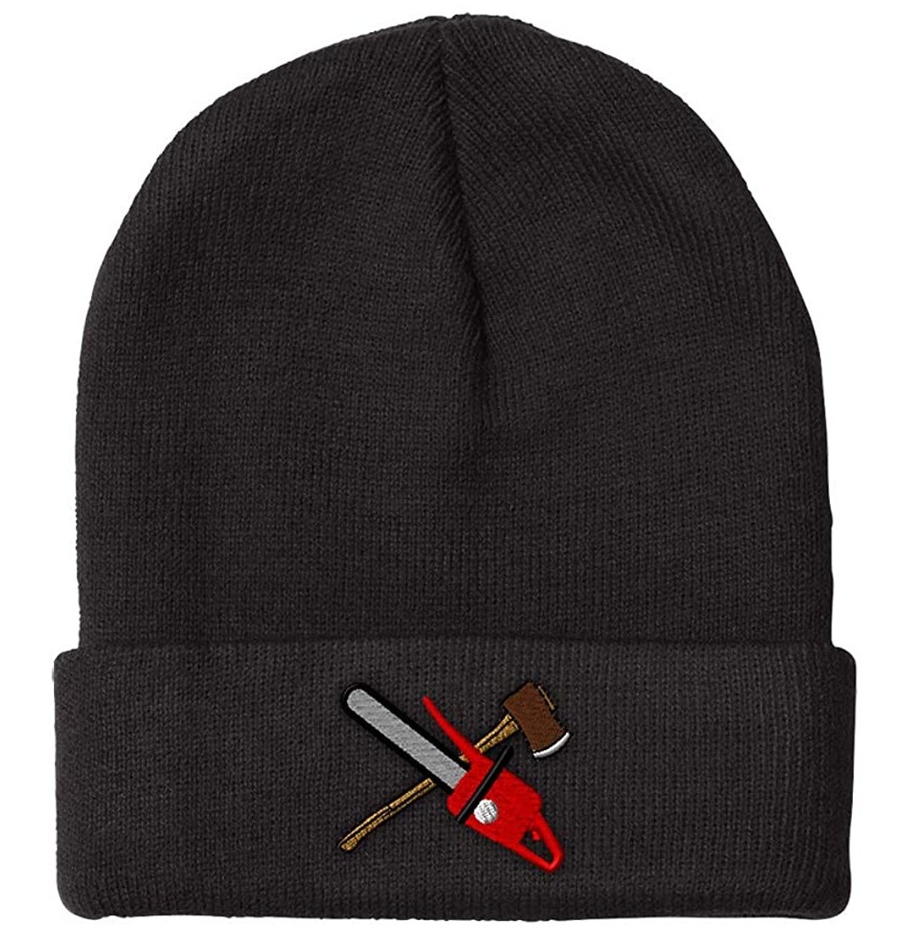 Skullies & Beanies Custom Beanie for Men & Women Lumberjack Chain Saw & Axe Embroidery Acrylic - Black - CA18C2HHY8H