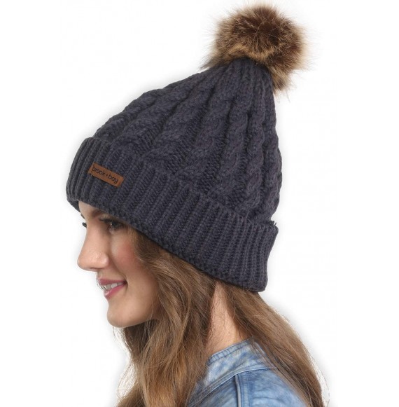 Skullies & Beanies Women's Beanies - Dark Gray With Faux Fur Pom - CF1854L5XNT