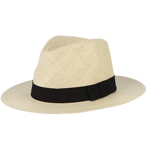 Fedoras Fedora Panama Hat Black Banded Wide Brim Summer Straw Cap - Beige - C418D6IR27Q