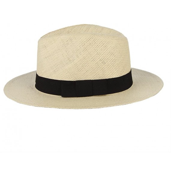 Fedoras Fedora Panama Hat Black Banded Wide Brim Summer Straw Cap - Beige - C418D6IR27Q