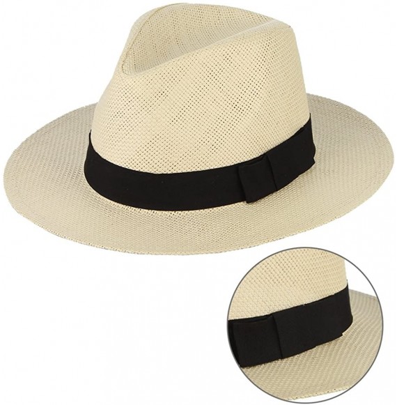 Fedoras Fedora Panama Hat Black Banded Wide Brim Summer Straw Cap - Beige - C418D6IR27Q