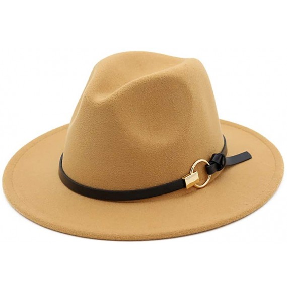 Fedoras Women Gold Belt Buckle Wool Felt Fedora Hat Winter Fashion Dress Panama Hat - Light Tan - C318YIH5L59