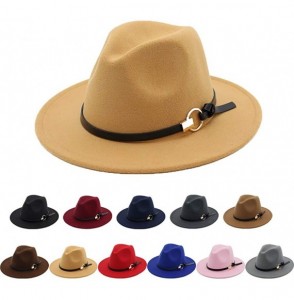 Fedoras Women Gold Belt Buckle Wool Felt Fedora Hat Winter Fashion Dress Panama Hat - Light Tan - C318YIH5L59