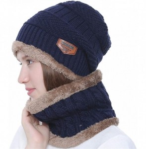 Skullies & Beanies Winter Hat Warm Thick Beanie Hat Scarf Set Knitted Hat for Men Women - Navy Set - C118HUWZRGM