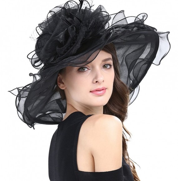 Sun Hats Women's Feathers Floral Fascinating Kentucky Church Wedding Party Floppy Hat - Black - CQ17YSESRNZ