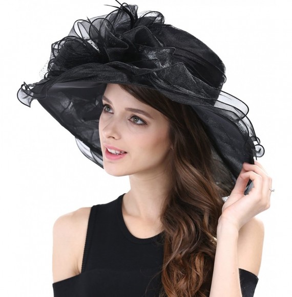 Sun Hats Women's Feathers Floral Fascinating Kentucky Church Wedding Party Floppy Hat - Black - CQ17YSESRNZ