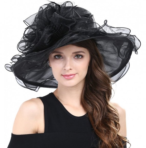 Sun Hats Women's Feathers Floral Fascinating Kentucky Church Wedding Party Floppy Hat - Black - CQ17YSESRNZ