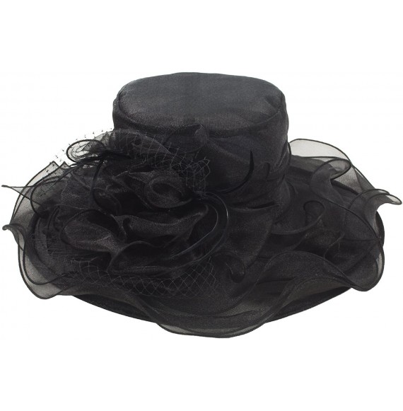 Sun Hats Women's Feathers Floral Fascinating Kentucky Church Wedding Party Floppy Hat - Black - CQ17YSESRNZ