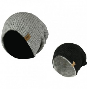 Skullies & Beanies Reversible Winter Knit Slouchy Beanie Hat - Hipster Unisex Knitted Slouch Cap - Light Grey/Black - CS1876S...