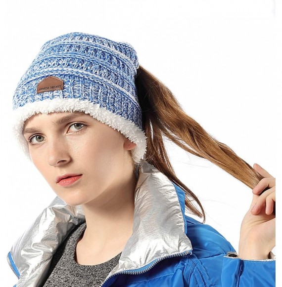 Skullies & Beanies Womens Ponytail Beanie Hats Warm Fuzzy Lined Soft Stretch Cable Knit Messy High Bun Cap - Sky Blue Mix - C...