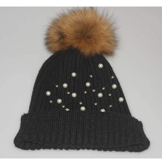 Skullies & Beanies Girls Winter Knitted Beanie Hat Real Fur Pom Pearls Womens Warm Cap - Black - CJ18KA66NGN