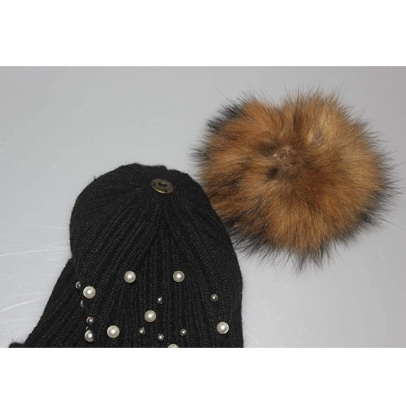 Skullies & Beanies Girls Winter Knitted Beanie Hat Real Fur Pom Pearls Womens Warm Cap - Black - CJ18KA66NGN