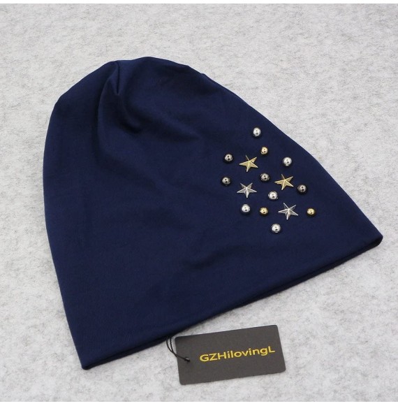 Skullies & Beanies Star Beanie Hat for Women- Pearl Bead Caps- New Spring Slouch Bonnet - Navy - CK18D6LAA9X