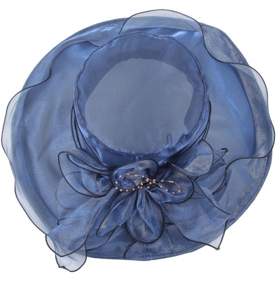 Sun Hats Women's Wedding Dress Church Hat Flowers Gauze Sun Derby Hat - Blue - CG183N80OA7