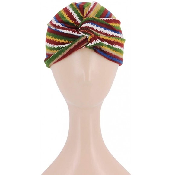 Skullies & Beanies Shiny Metallic Turban Cap Indian Pleated Headwrap Swami Hat Chemo Cap for Women - Green Striped - CM18WZIAYH6