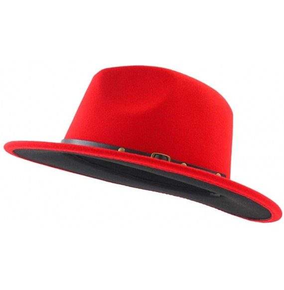 Fedoras Trend Red Black Patchwork Wool Felt Jazz Fedora Hat Casual Men Women Leather Strap Wide Brim Felt Hat Trilby - CX18WY...