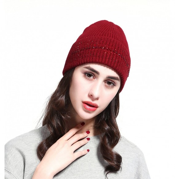 Skullies & Beanies Women's Wool Knit Fold Over Beanie Embellished with Rhinestones Winter Hat - Red - CR187GO2T6T