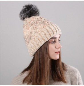 Baseball Caps Knit Caps For Women Wool Cosy Warm Beanie Winter Hat Ski Crochet Cap Pom Pom - Beige - CY18IQ8926H